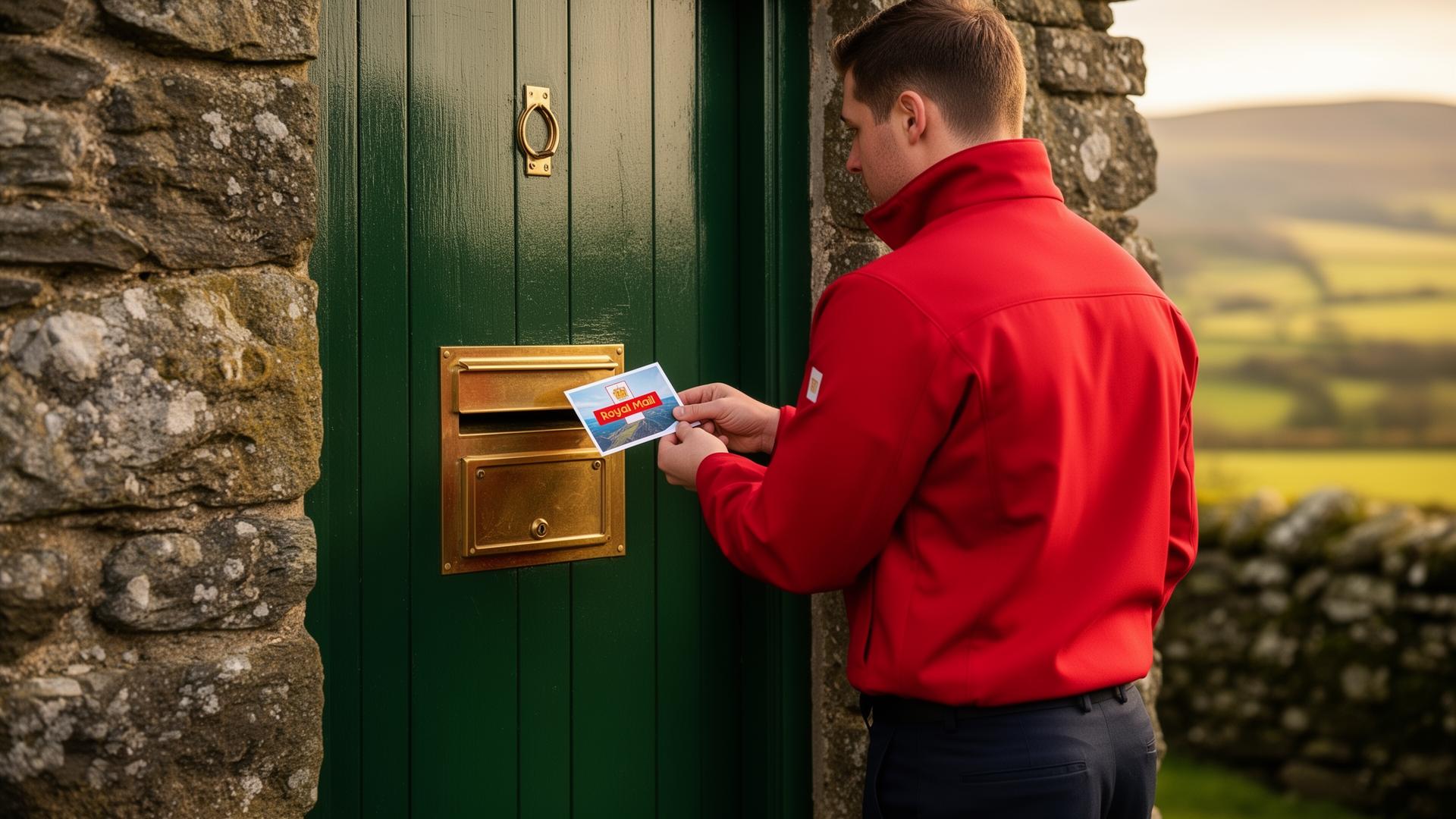 A Royal Mail postman delivering a postcard through the letterbox of a traditional Welsh stone cottage